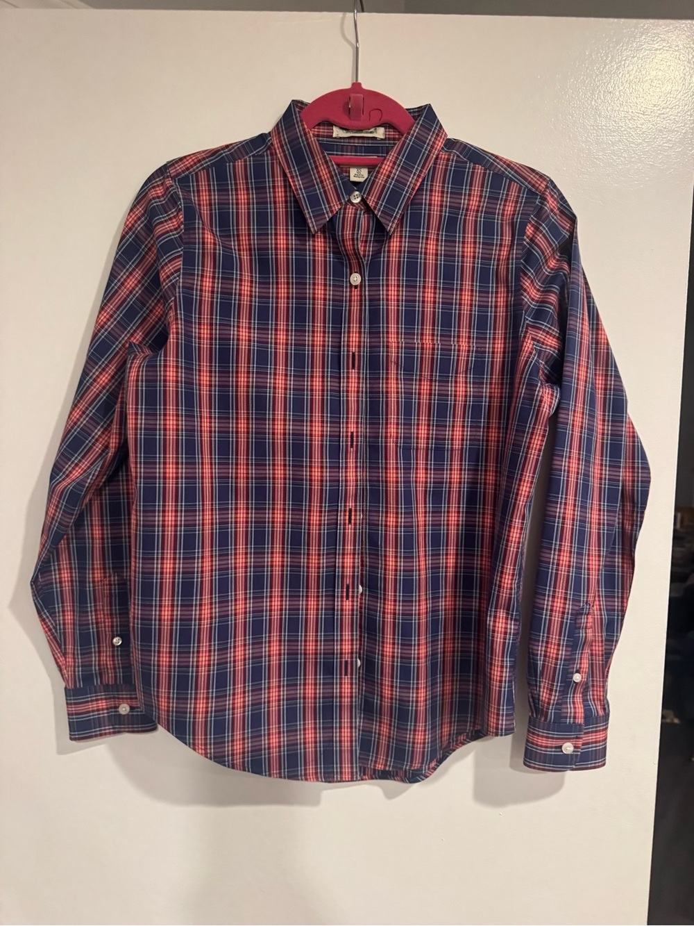 L.L. Bean Red and Navy Plaid Long-Sleeve Button-Down Shirt